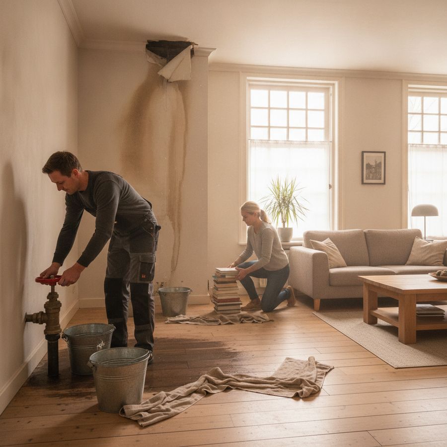 Bewoner draait water af terwijl spullen van een natte vloer in een lichte woonkamer worden gehaald.
