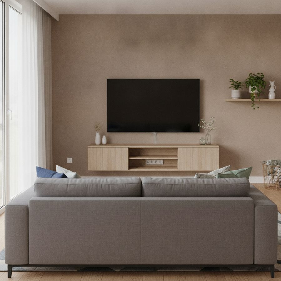 Strak geplaatste televisie boven een laag meubel met bank ervoor in een lichte eigentijdse woonkamer.