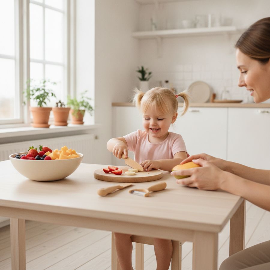 Barn og voksen kutter frukt på et lyst kjøkken med barnevennlige redskaper og skjærefjøl.