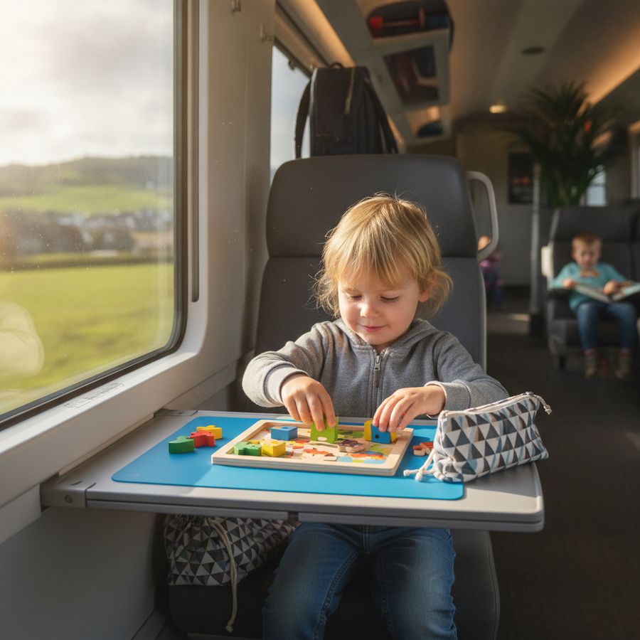 Bambino seduto in viaggio mentre usa un piccolo puzzle compatto su un tavolino con custodia vicina.