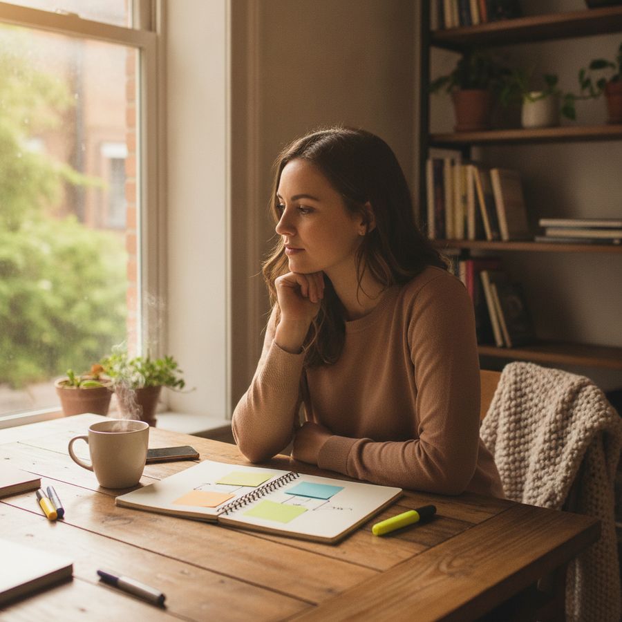 Persoon zit met notities aan tafel en denkt rustig na in een lichte, warme kamer.