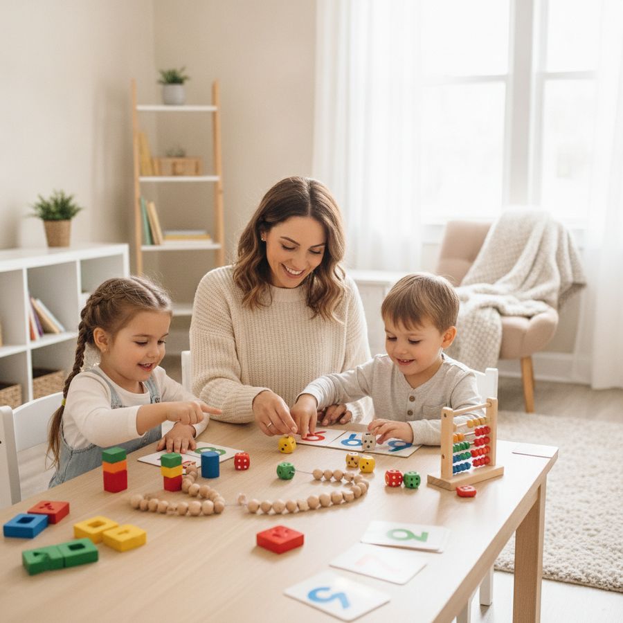 Genitore e due bambini giocano con dadi, blocchi e carte numero su un tavolo luminoso.