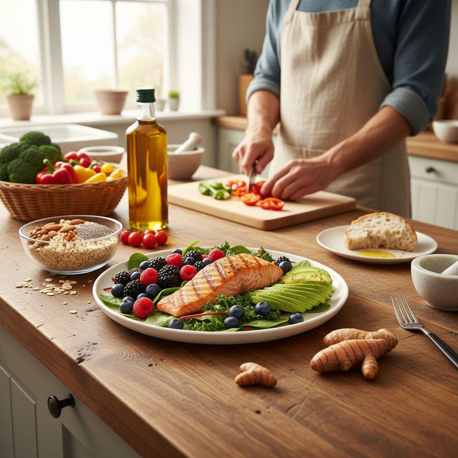 Beginner-friendly anti-inflammatory diet meal with fresh whole foods in a bright kitchen