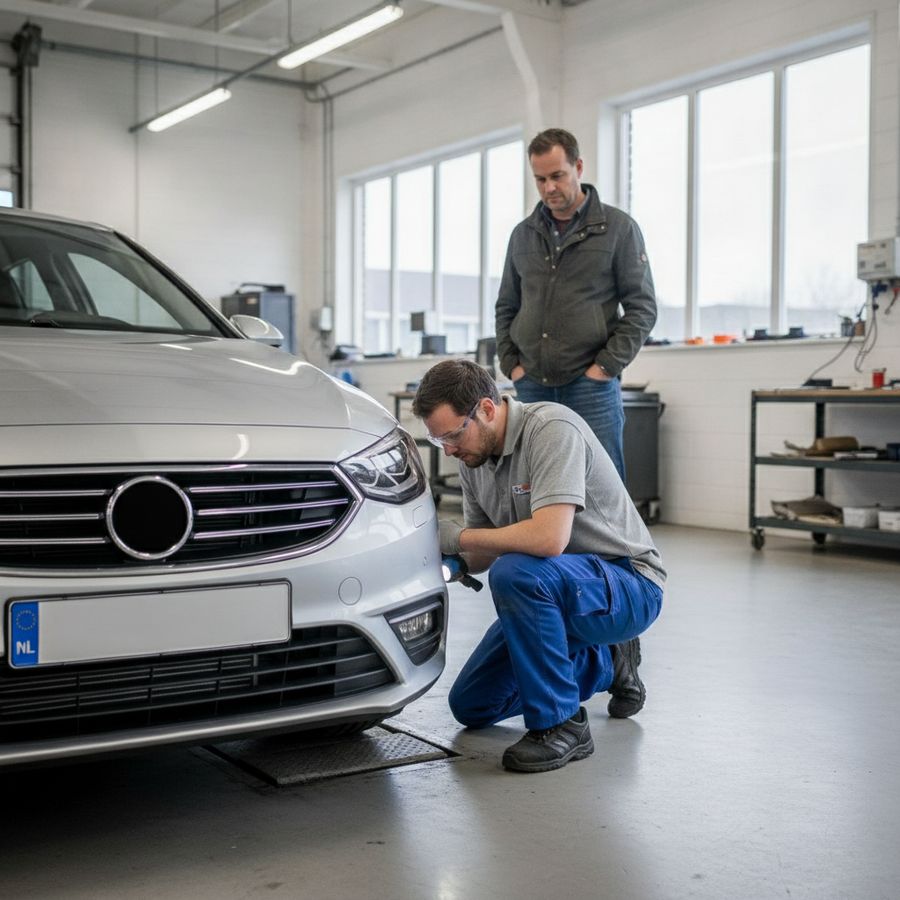 Een auto staat in een inspectiebaan terwijl een medewerker de voorkant controleert in helder licht.