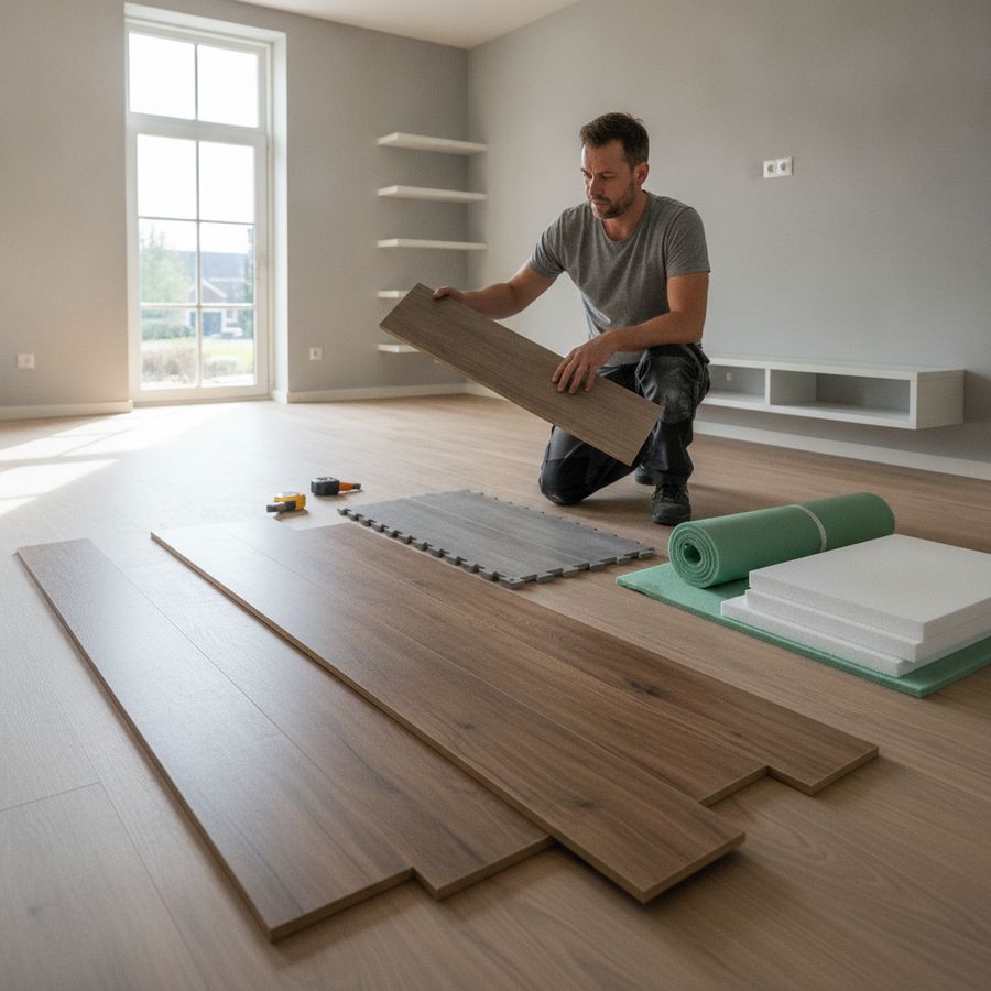 Bewoner vergelijkt laminaat, pvc en ondervloeren op een lichte ondergrond in een moderne woning.