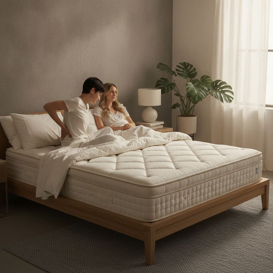 Couple in a bright bedroom waking on a neatly made bed, with one person stretching their lower back.