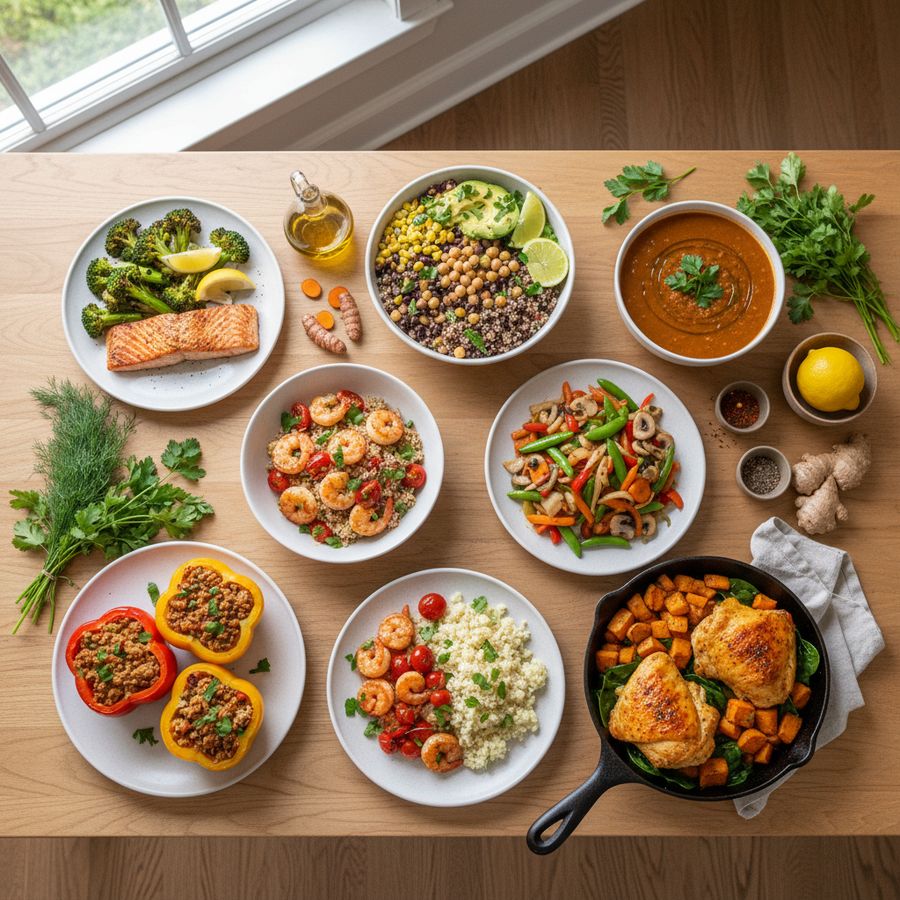 Seven simple anti-inflammatory dinner ideas displayed on a bright kitchen table