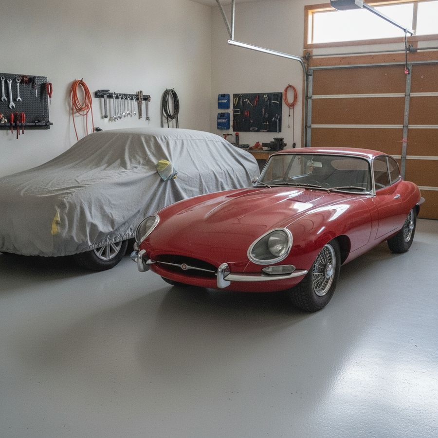 Goed onderhouden klassieke auto staat veilig in een lichte afgesloten garage met nette omgeving.
