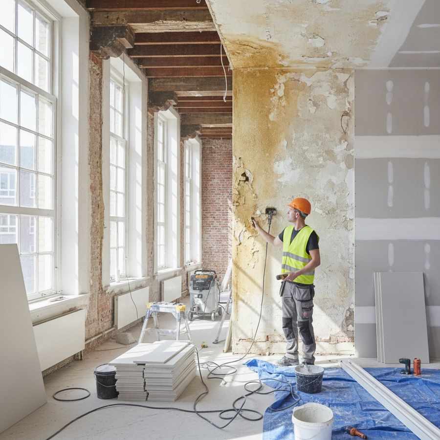 Renovatie in bestaand pand met aannemer bij waterschade aan muur en plafond in daglicht.