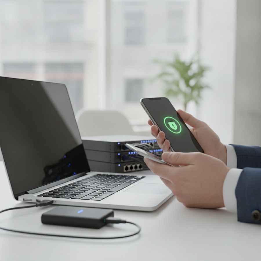 Handen bij laptop en smartphone met back-upschijf op bureau in een helder kantoor.