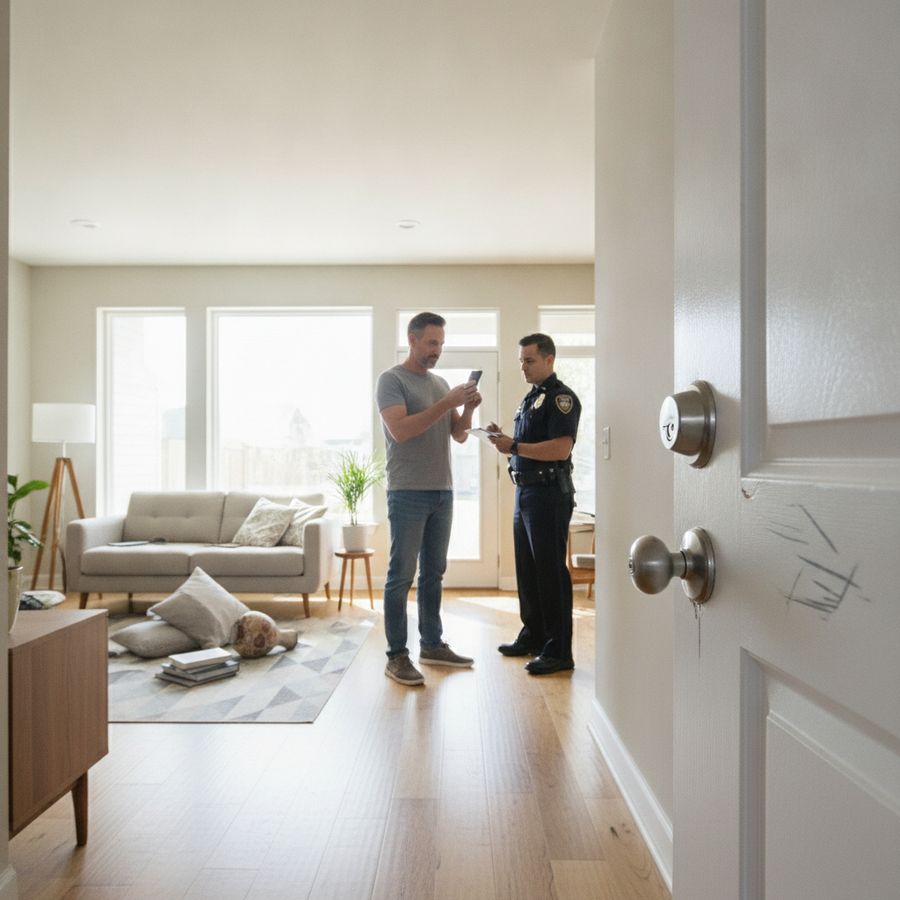 Bewoner fotografeert braakschade bij de voordeur terwijl een agent in de hal meekijkt.