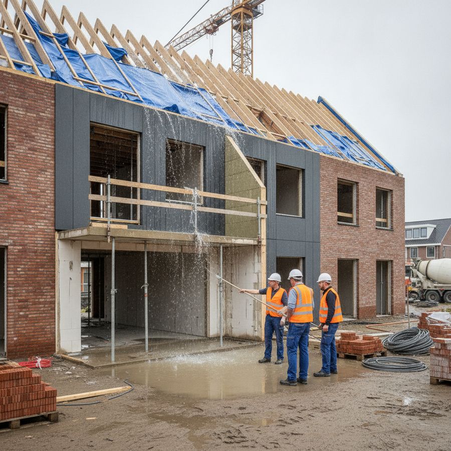 Bouwplaats overdag met aannemers bij een half afgebouwd pand en zichtbare schade aan het werk.