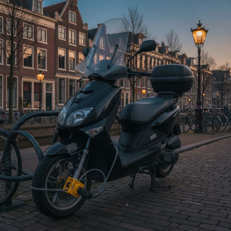 Geparkeerde scooter met slot, windscherm en topkoffer in een heldere stedelijke straat.