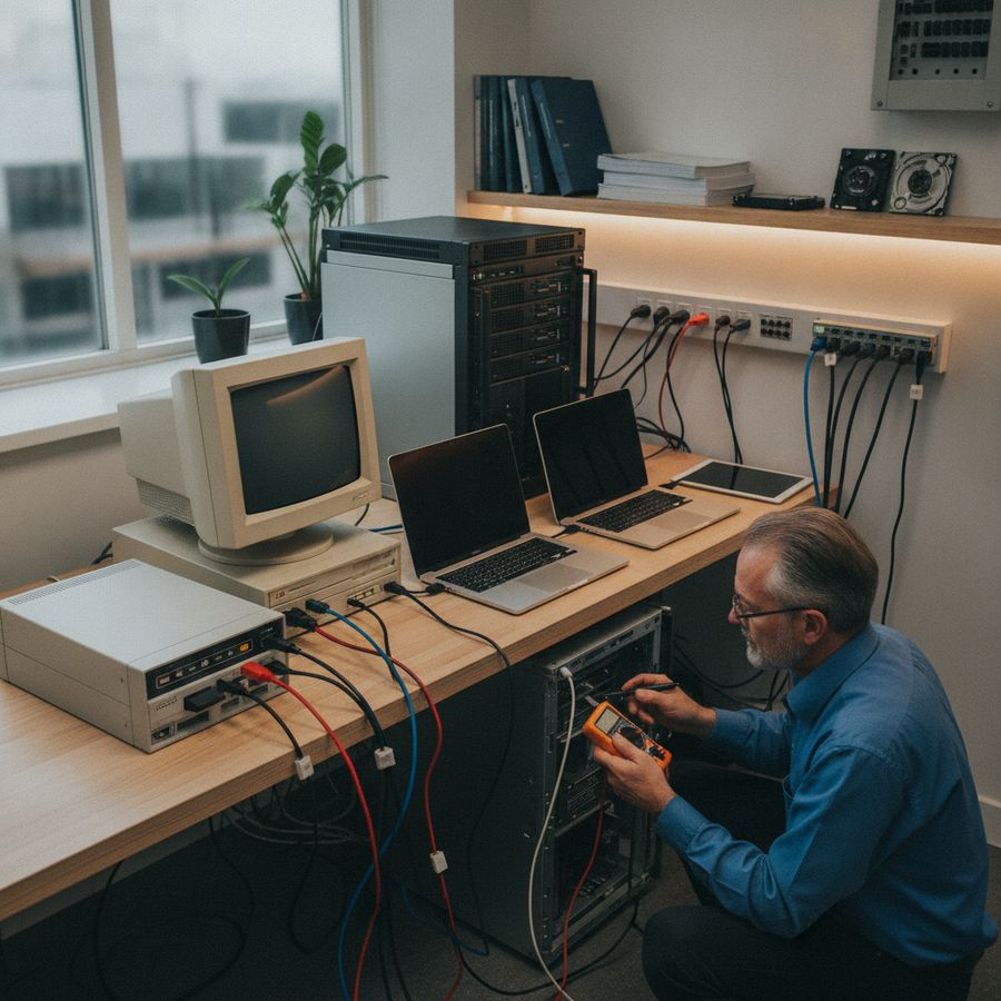 Technicus bekijkt oudere computer naast moderne apparatuur in een nette en helder verlichte werkomgeving.