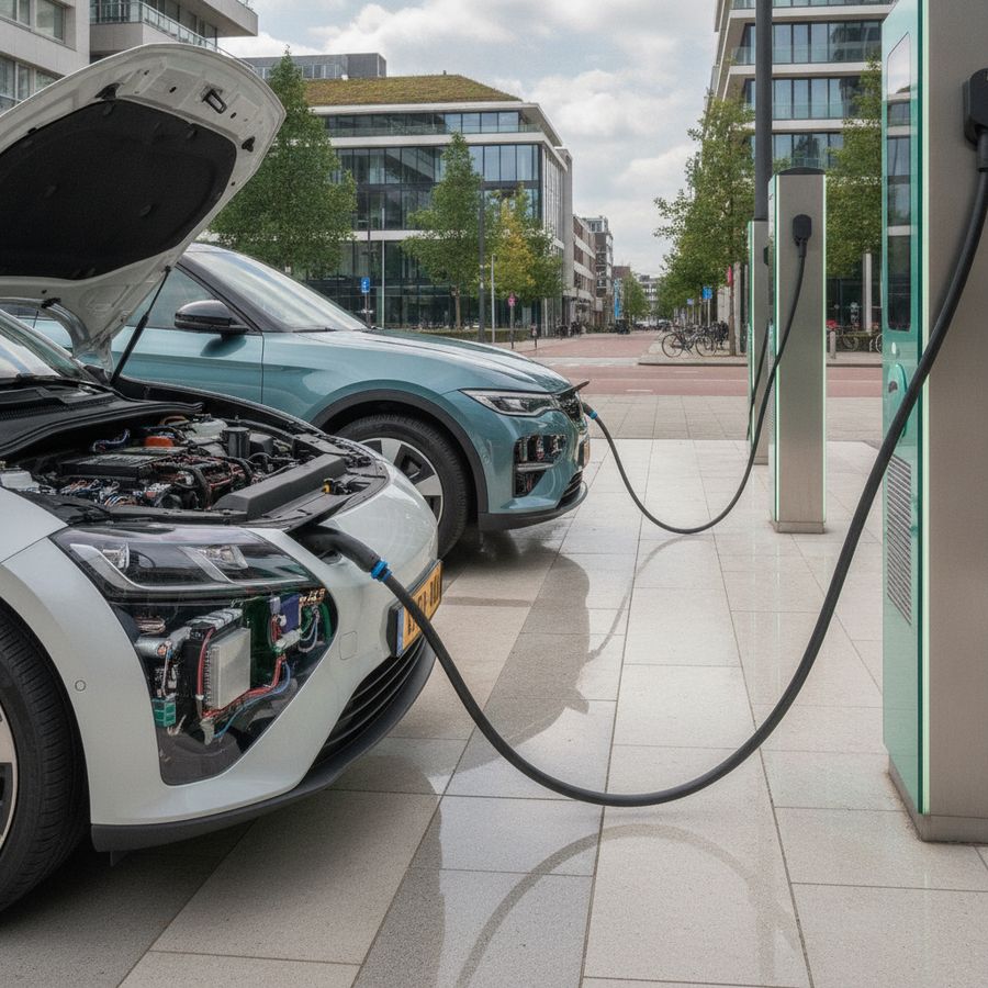 Hybrid and electric cars stand at a charging area in daylight with clean urban surroundings.