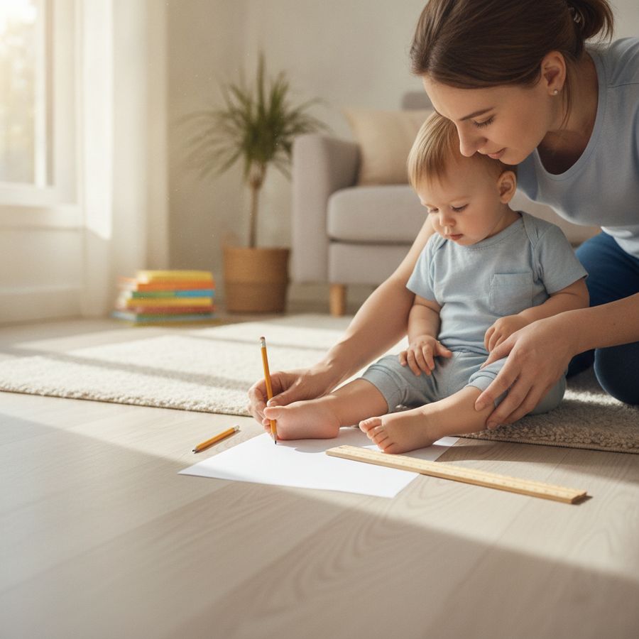 Genitore che misura il piede di un bambino su un foglio con matita e righello in una stanza luminosa.