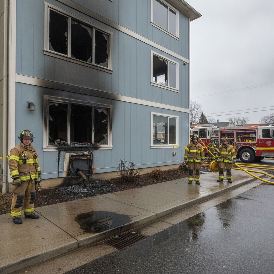 Firefighters near a building with pooled water and a damaged pipe by the soil.