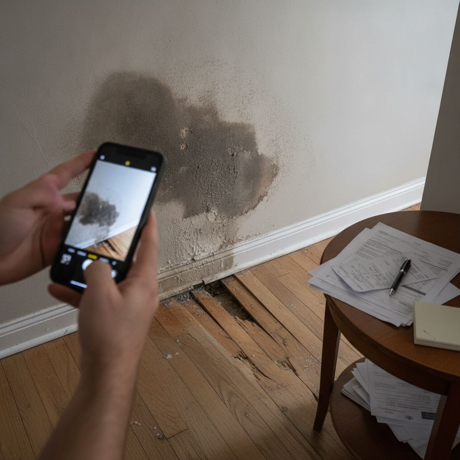 Hand maakt foto's van een vochtige muur terwijl bonnetjes en facturen op een tafeltje ernaast liggen.