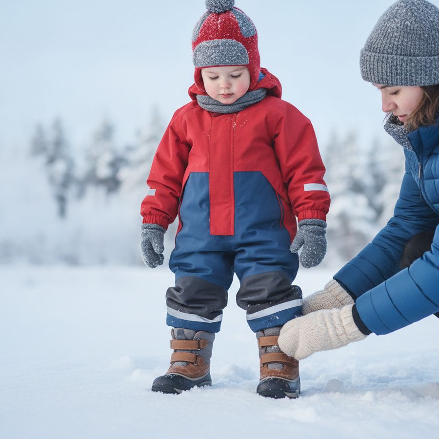 Lapsi seisoo lumessa lämpimissä talvikengissä vanhemman säätäessä kengän kiinnitystä kirkkaassa talvisäässä.
