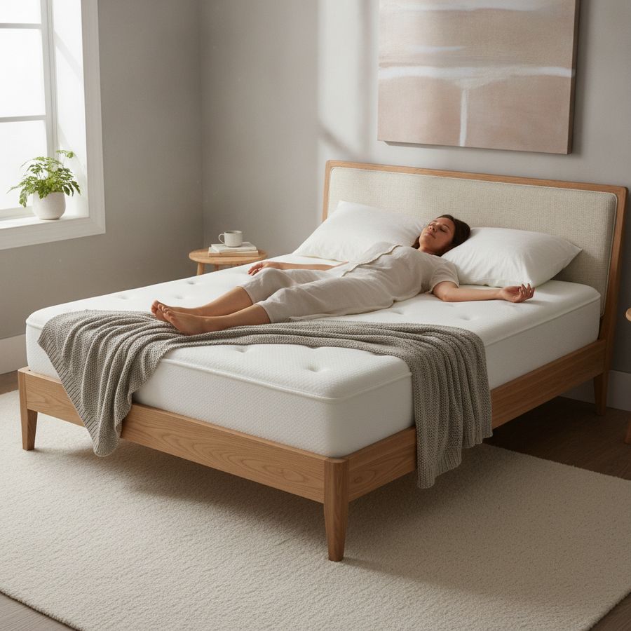 A relaxed sleeper lies on a supportive mattress in a bright, calm bedroom with natural morning light.