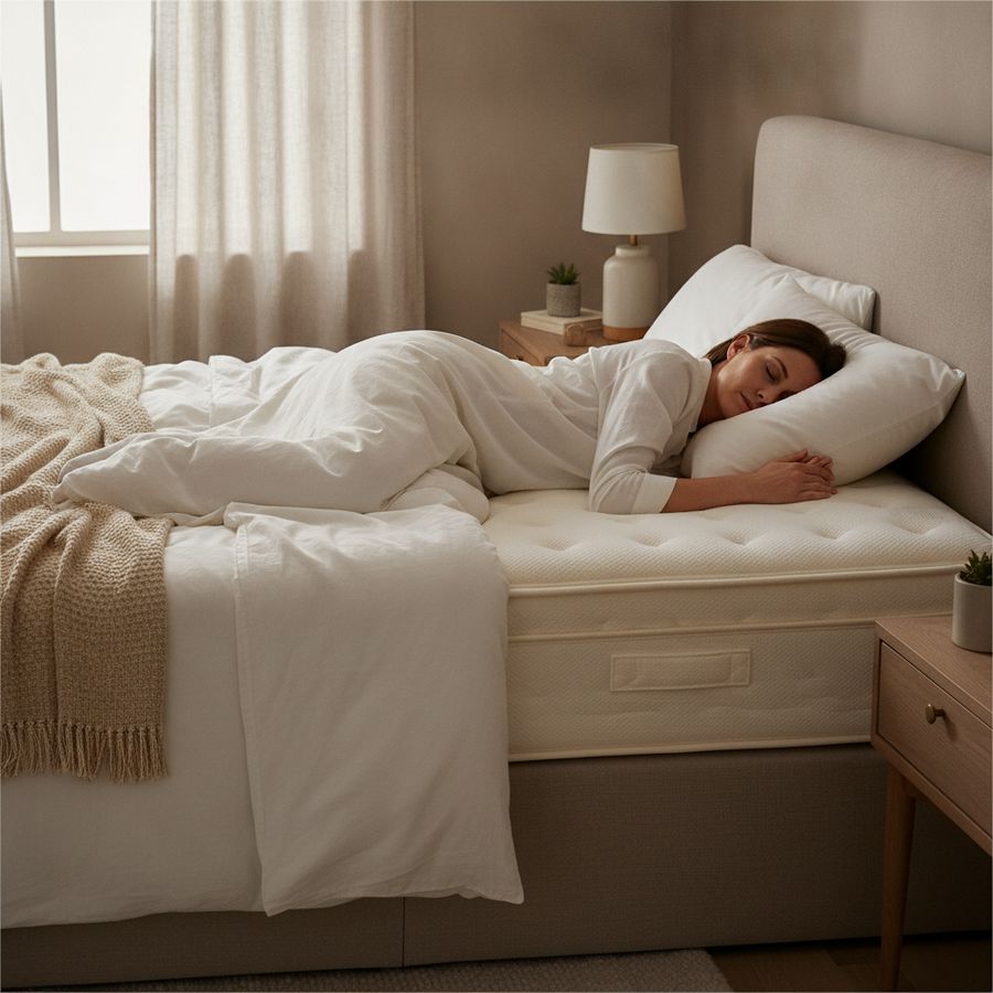 Side sleeper resting in a neutral-toned bed with the shoulder and hip softly cushioned by the mattress.
