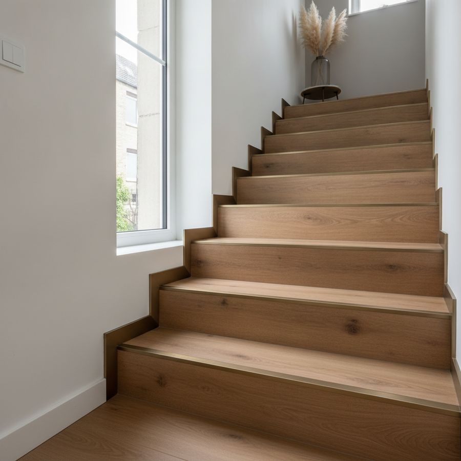 Moderne hal met strakke trap, houtlook treden en nette afwerking in helder daglicht.