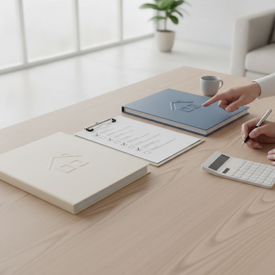 Handen vergelijken polisbladen naast een checklist, rekenmachine en tablet op een lichte houten tafel.