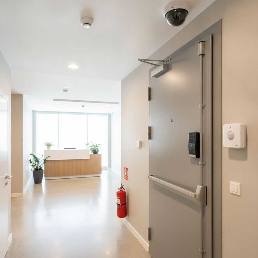 Goed beveiligde bedrijfsentree met camera, alarmsensor, stevig slot en brandblusser in helder licht.