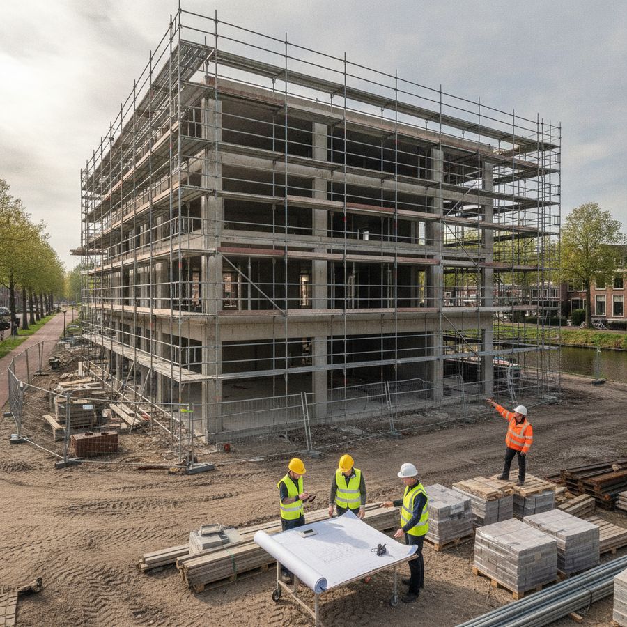 Bouwplaats met aannemers bij een half afgewerkt gebouw en materialen in helder daglicht.