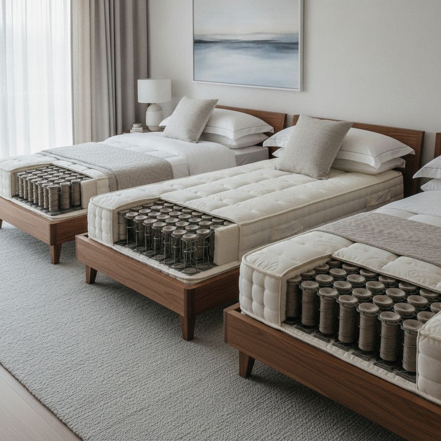 Three mattress interiors are displayed in a bright bedroom, showing different spring systems with clean, premium styling.