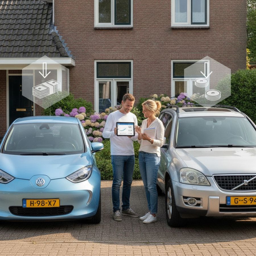 Twee auto’s op een oprit terwijl een stel samen papieren en een tablet bekijkt.