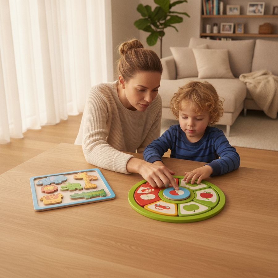 Bambino e genitore giocano a due puzzle diversi su un tavolo luminoso in casa.