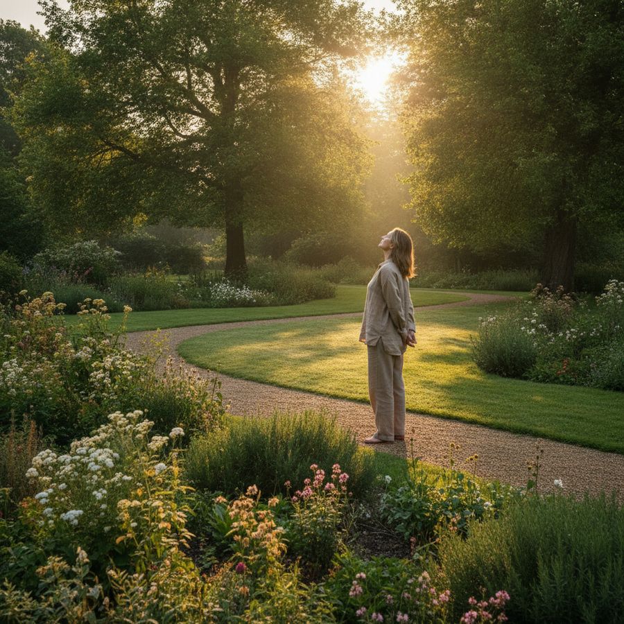 Person enjoying morning sunlight outdoors for better mood and sleep