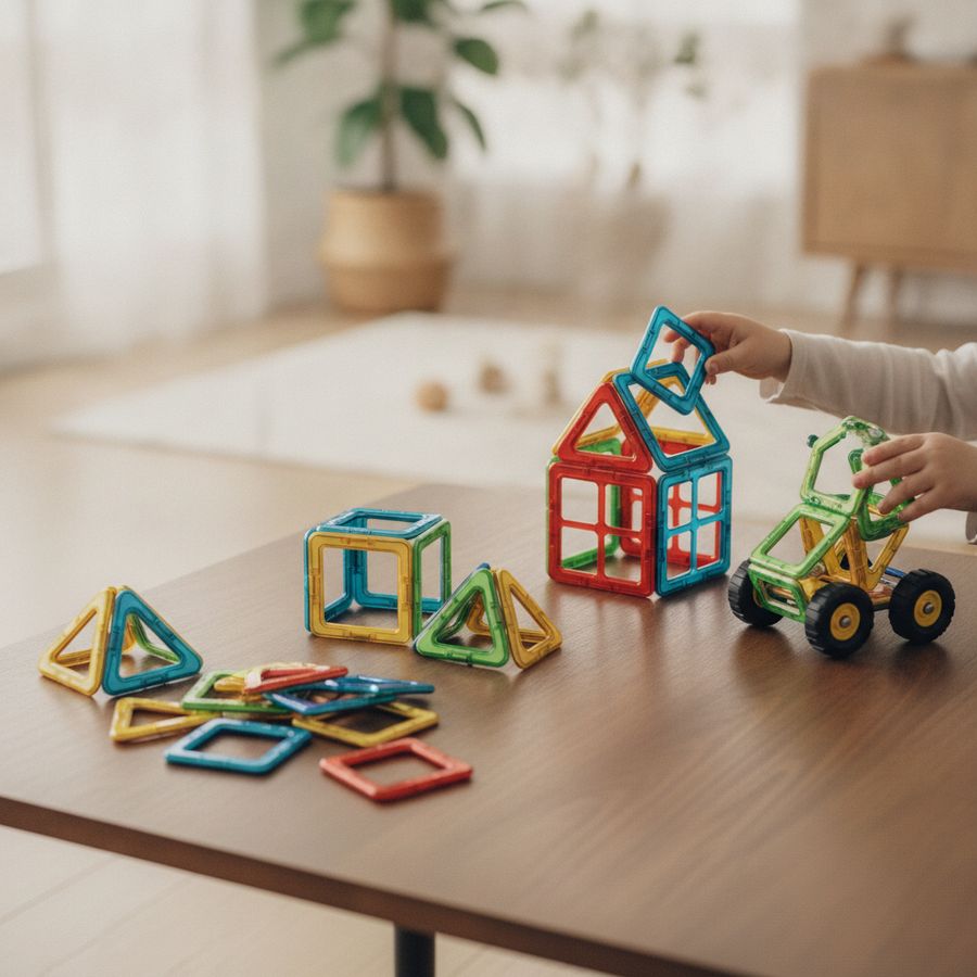 Små händer bygger magnetmodeller från enkla former till hus och fordon på ett bord.