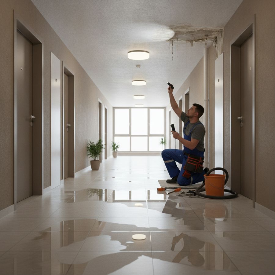 Maintenance worker inspects a bright communal hallway with puddles on the floor and damp marks near the ceiling.