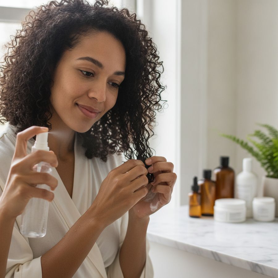 Vrouw met natuurlijke krullen verfrist haar haar in een lichte badkamer met sprayfles en crème.