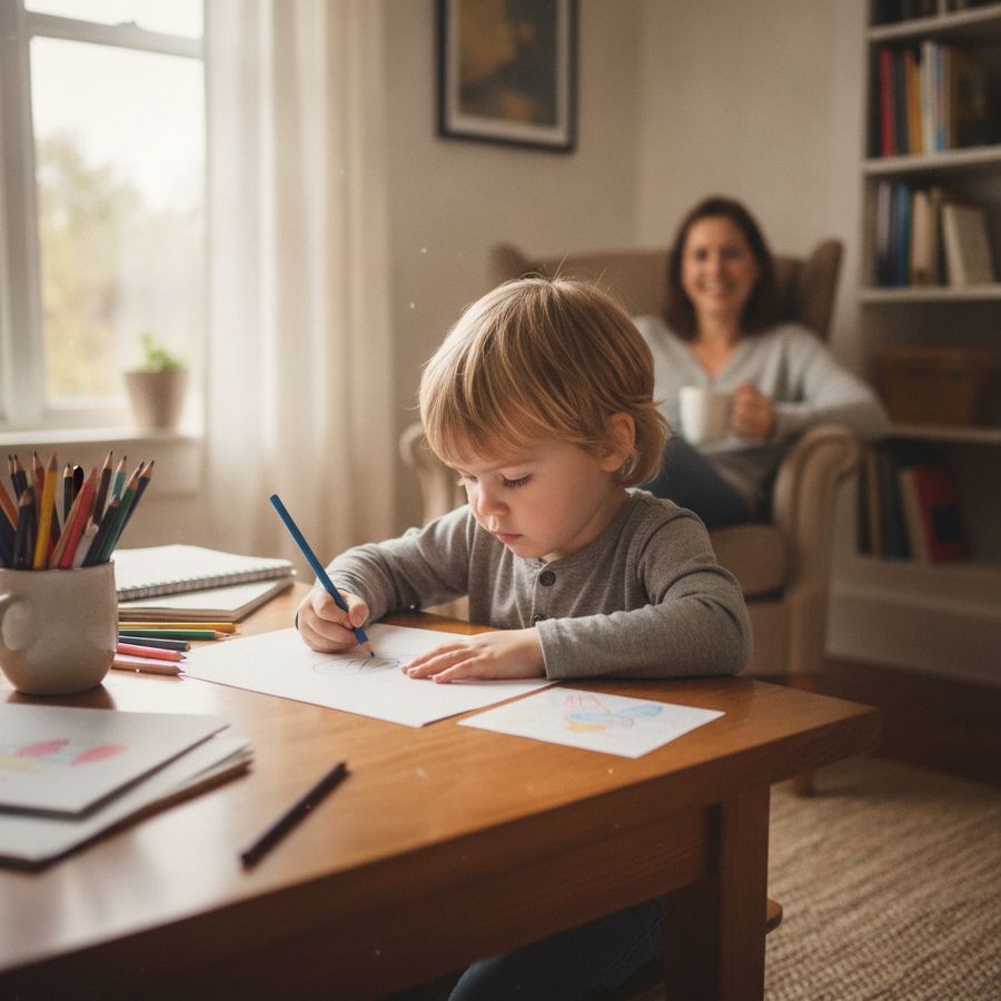 Bambino concentrato che disegna a un tavolo luminoso con matite colorate mentre un adulto osserva da vicino.