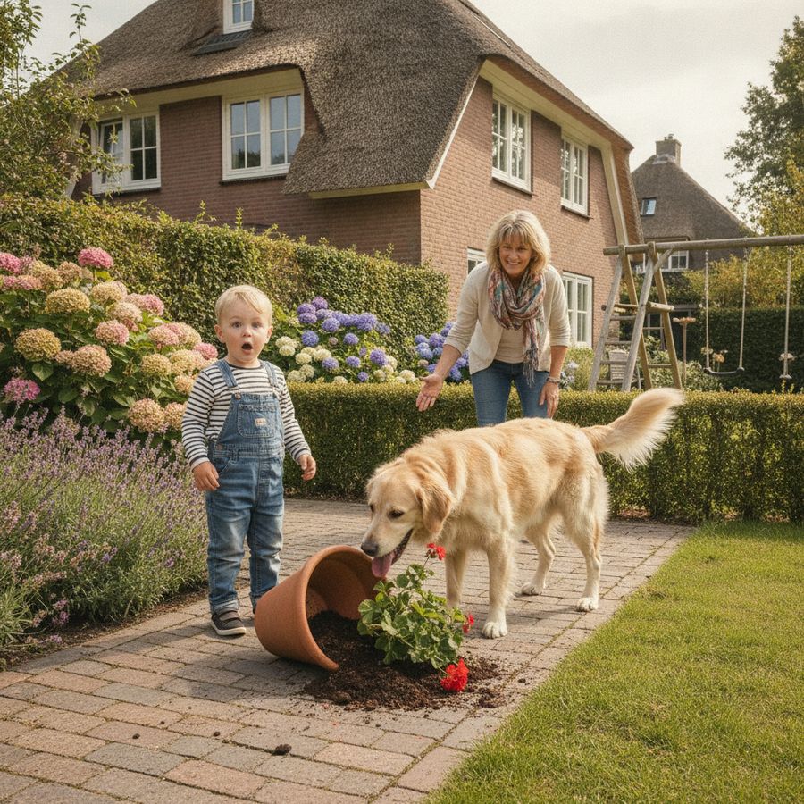Kind en hond staan in een zonnige tuin naast een omgevallen bloempot terwijl een buurvrouw toekijkt.