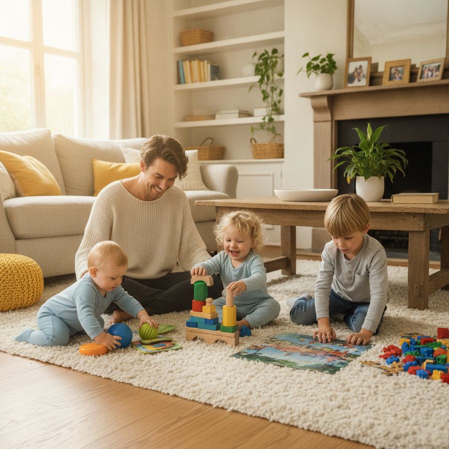 Rodzic z dziećmi wybiera na dywanie klocki, puzzle i zabawki sensoryczne w jasnym salonie.