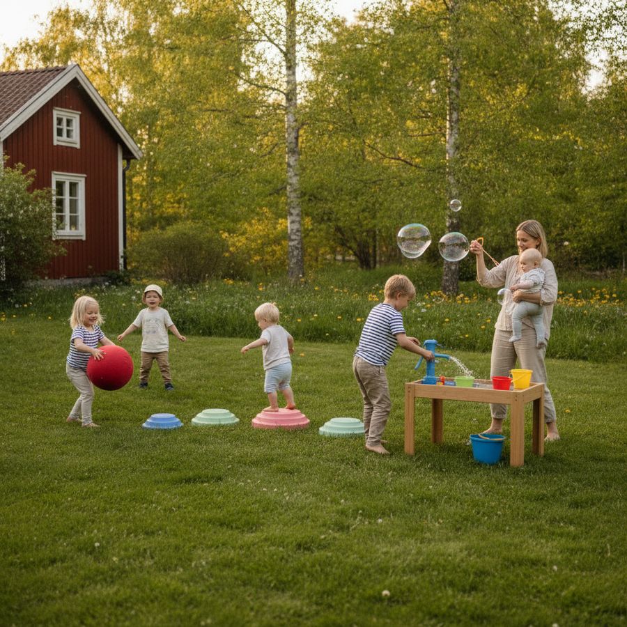Flera barn i olika åldrar leker ute på gräs med bollar, balansstenar och vattenlek i mjukt solsken.
