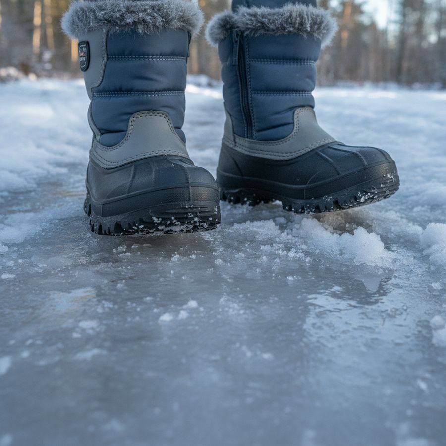 Lähikuva lapsen talvikengästä lumisella ja jäisellä polulla, pohjakuvio näkyy selvästi.