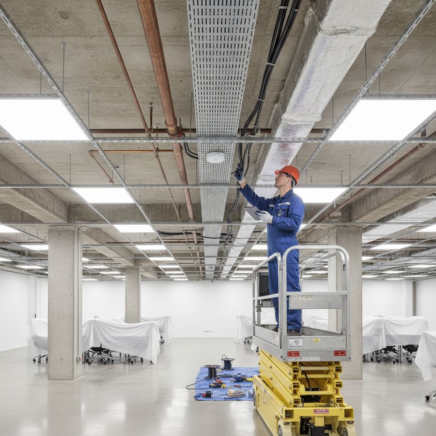 Technicus inspecteert nieuwe installatie in een bestaand kantoorpand met zichtbare oude plafonds en leidingen.