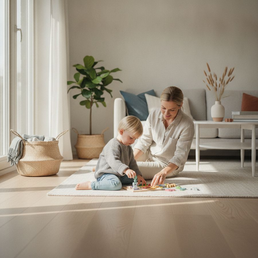 Et barn legger et fargerikt trepuslespill på gulvet mens en voksen sitter rolig ved siden av.