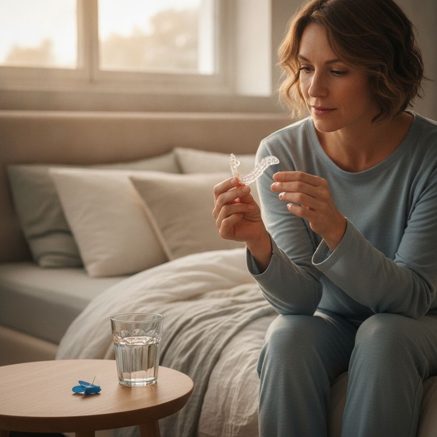 Persoon bereidt zich voor op slapen met een mondbeugel en neusspreider naast een glas water.