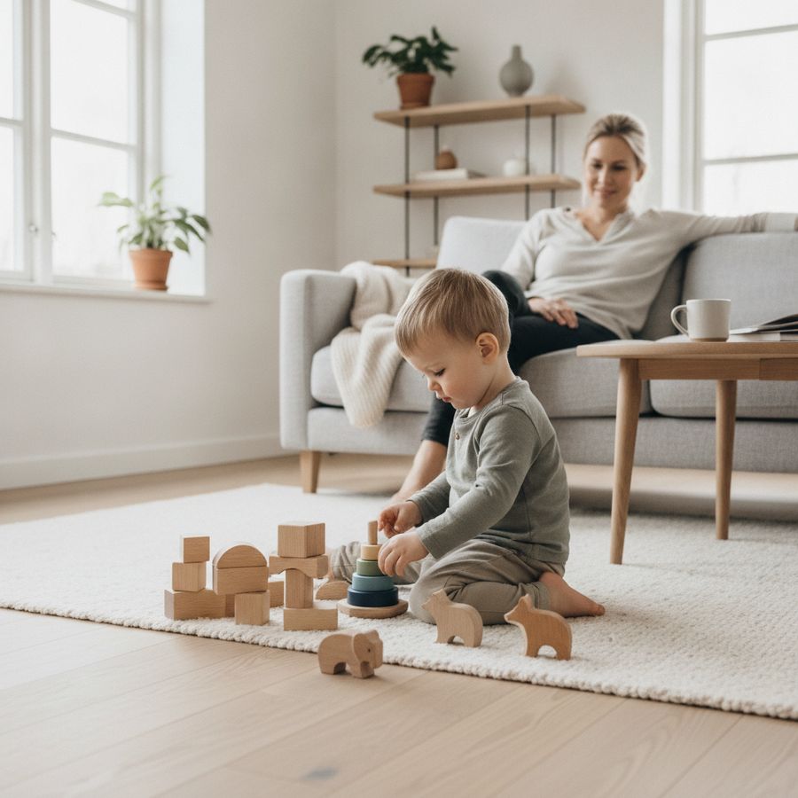 Barn leker med treklosser på et lyst stuegulv mens en forelder sitter ved siden av.