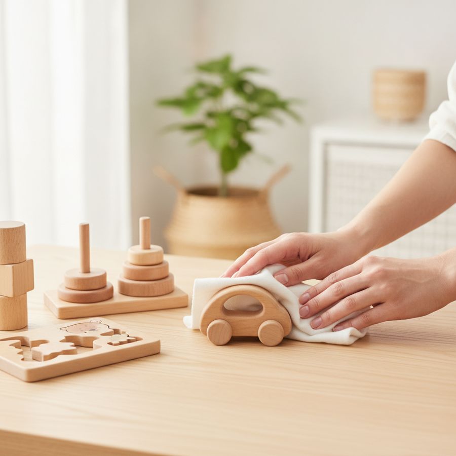 Mani adulte puliscono giochi in legno con un panno su un tavolo chiaro, con luce naturale e ordine.