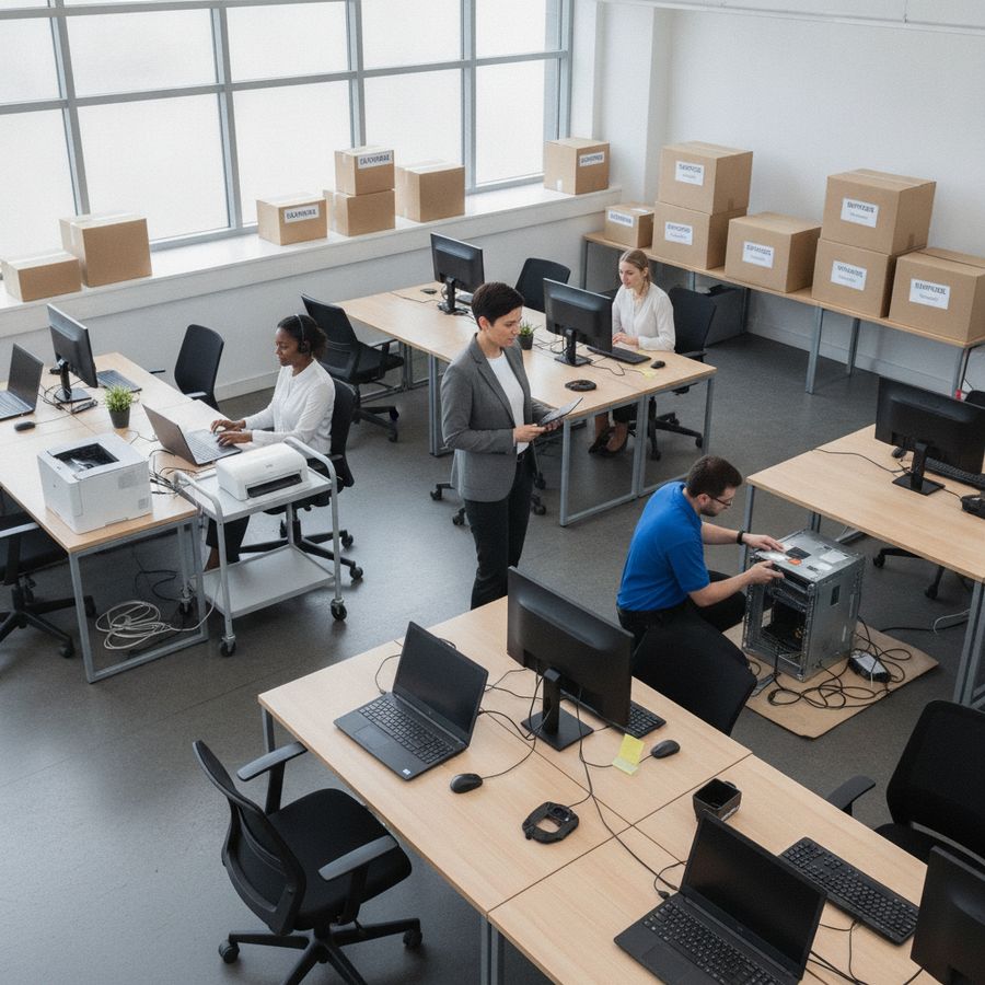 Tijdelijke werkplek met gehuurde apparatuur terwijl een manager en monteur herstelwerk organiseren.