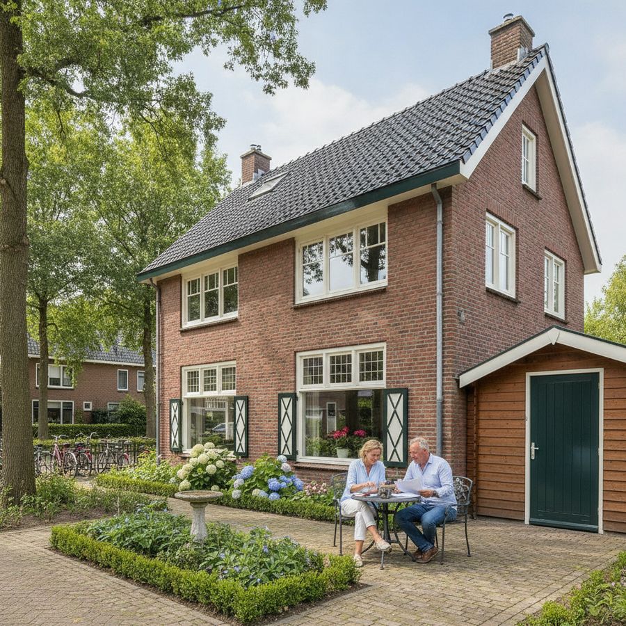 Huiseigenaren bekijken documenten voor een nette woning met schuur in zacht daglicht.