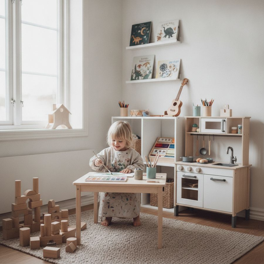 Et barn leker konsentrert med maling, byggeklosser og lekekjøkken i et lyst og ryddig rom.