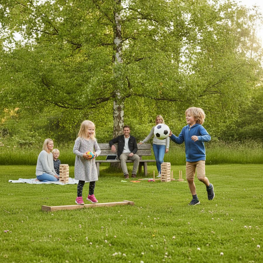 Barn leker aktivt i en grønn hage med baller og balanseleker mens et nettbrett ligger ubrukt på en benk.